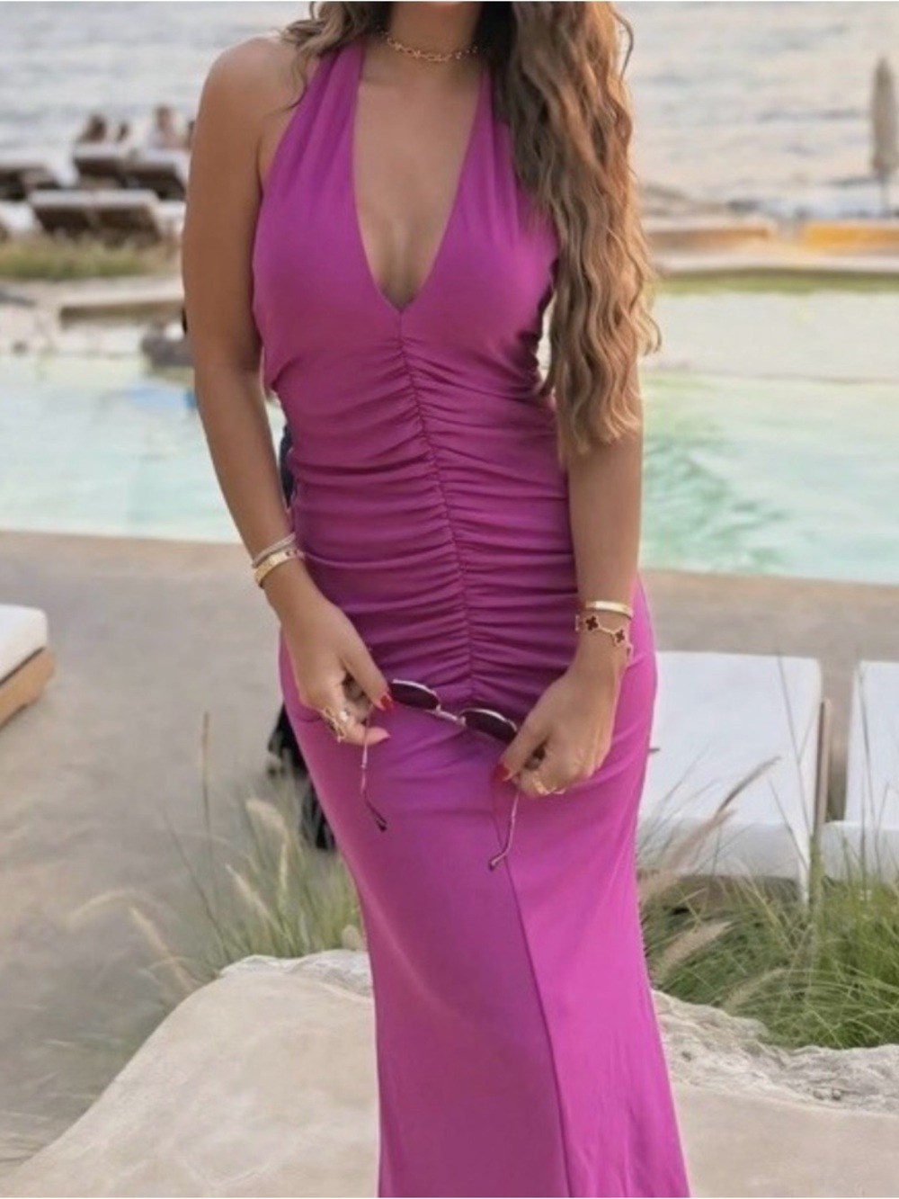 Zara Halter Ruched Maxi Dress in Magenta